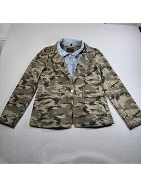 Blue Revival Womens Camo Blazer Layered Denim Jacket L Green Camouflage Shacket